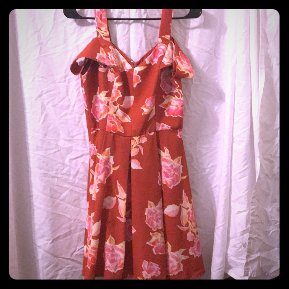 Off the shoulder floral orange and pink dress